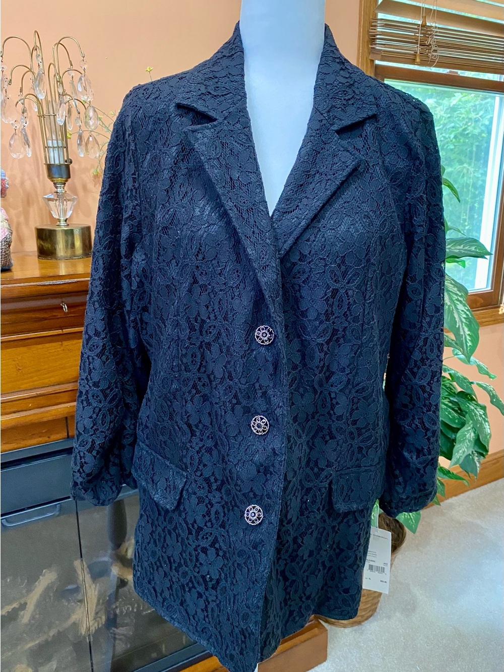 NY Collection Black Lace Blazer with Decorative Buttons